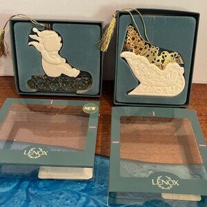 Set of 2 Lenox Teddy On Sled and Sleigh with Presents Gold Ornaments